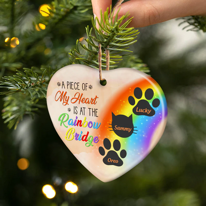 My Heart Is At The Rainbow Bridge Dog Cat - Pet Memorial Gift - Personalized Custom Heart Ceramic Ornament (AB)