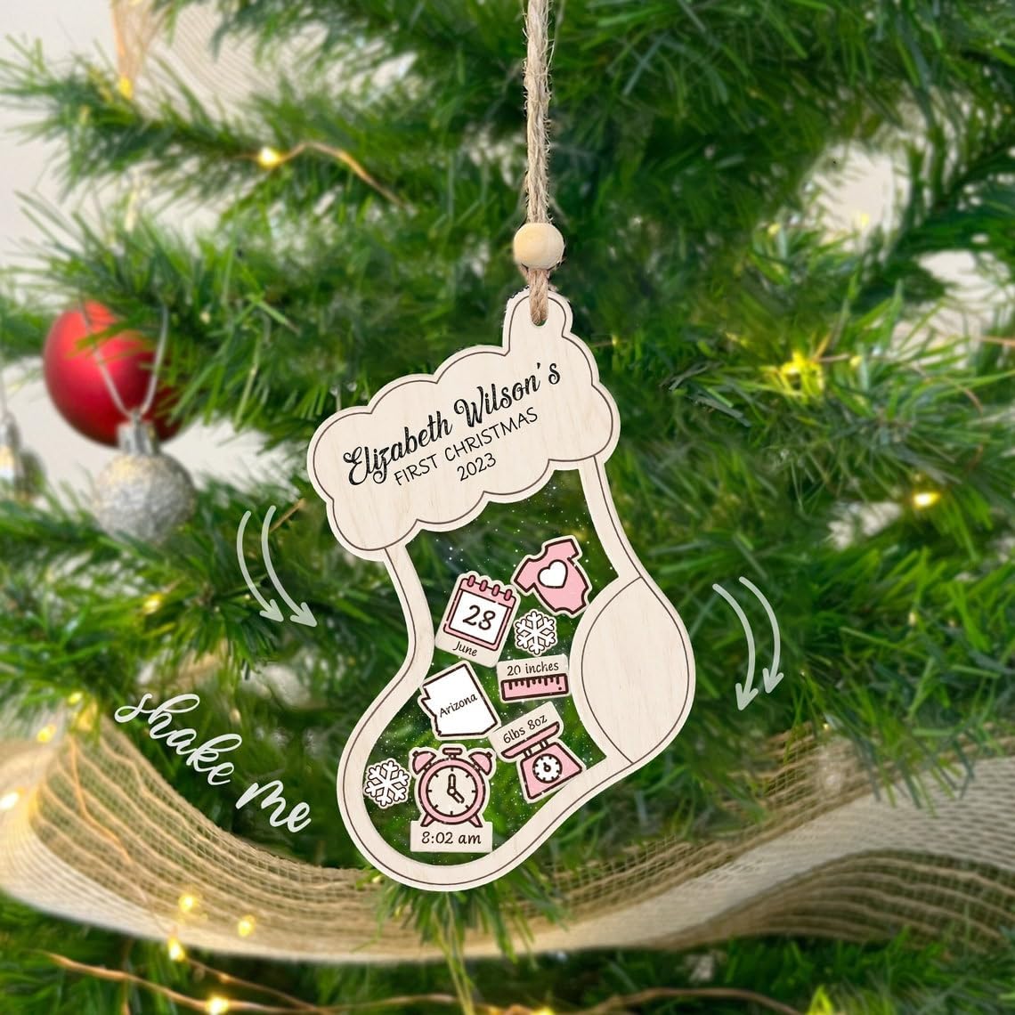 Personalized Baby First Christmas Ornament, Baby Keepsake Birth Stats Shaker Ornament, Baby Shower Gift