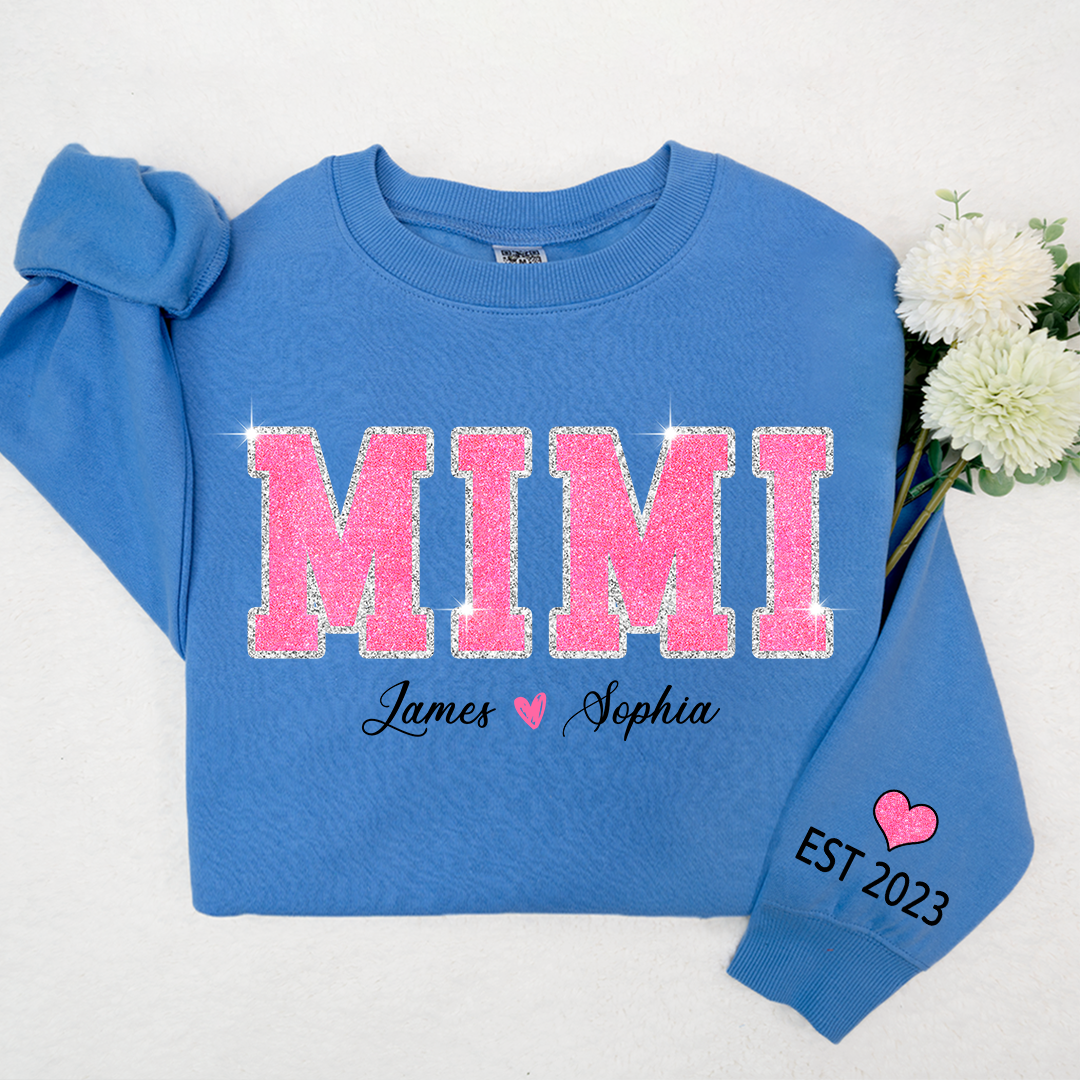 Personalized Mimi Pink Glitter, Custom Grandma Est With Kids TH Sweatshirt