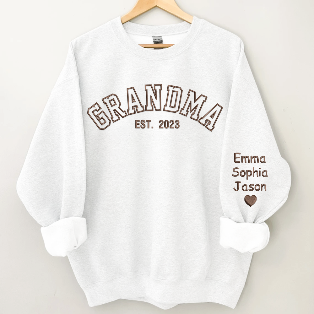 Custom Grandma Embroidered Sweatshirt, Grandma Est And Kids Name On Sleeve Sweatshirt, Mother's Day Gift For Grandma Mimi Nana Gigi Gaga Grammy