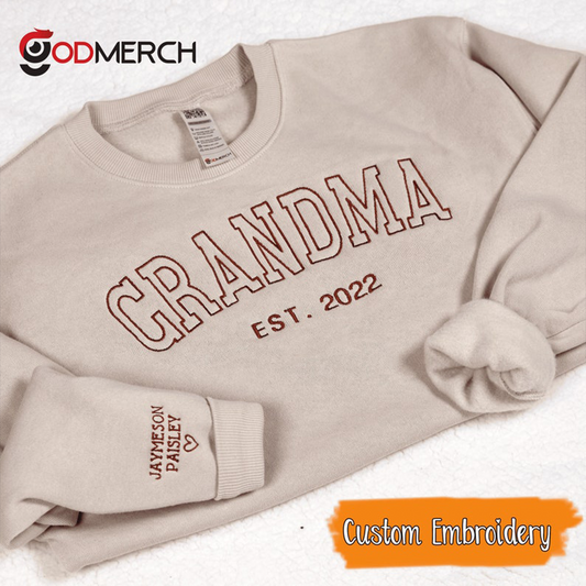 Personalized Grandma Embroidered Sweatshirt, Custom Grandma Est And Kids Name On Sleeve Sweatshirt, Mother's Day Gift For Grandma Mimi Nana Gigi Gaga