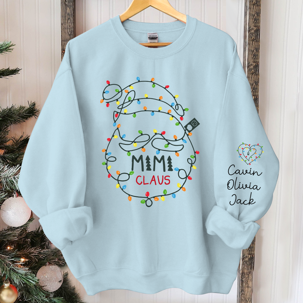 Custom Mimi Claus Christmas Lights Sweatshirt, Personalized Grandma Sweatshirt with Children Name on Sleeve