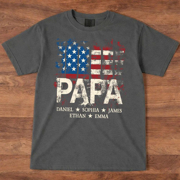 Comfort Colors® Papa American Flag Shirt With Name, Personalized Dad T Shirt Patriotic Style