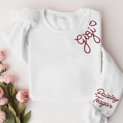 Custom Hand Embroidered Gigi Sweatshirt with Kids Name on Sleeve, Personalized Gigi Sweatshirt, Minimalist Grandma Sweater, Mothers Day Gift for Grandma Mimi Nana Gigi Gaga