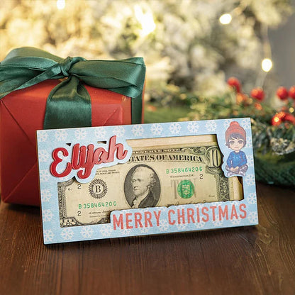 Personalised Merry Christmas Cute Cartoon Character Wooden Money Holder with Name Holiday Party Favors Gift for Kids