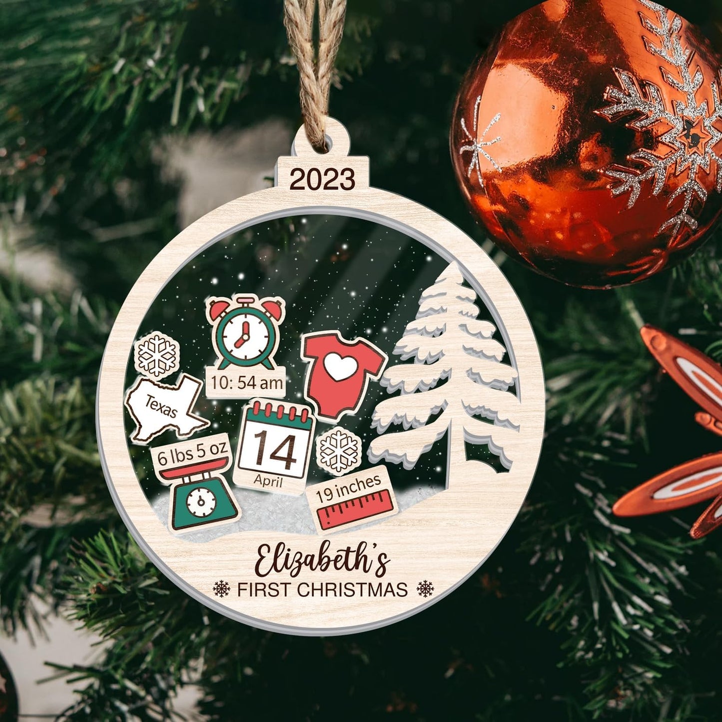 Personalized Baby First Christmas Ornament, 5-Layered Shaker Newborn Ornament, Baby Keepsake Birth Stats Shaker Ornament, Baby Shower Gift