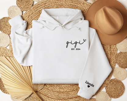 Embroidered Custom Gigi Hoodieshirt with Grandkids Names on Sleeve, Est Date Gigi 2024Hoodieshirt with Heart