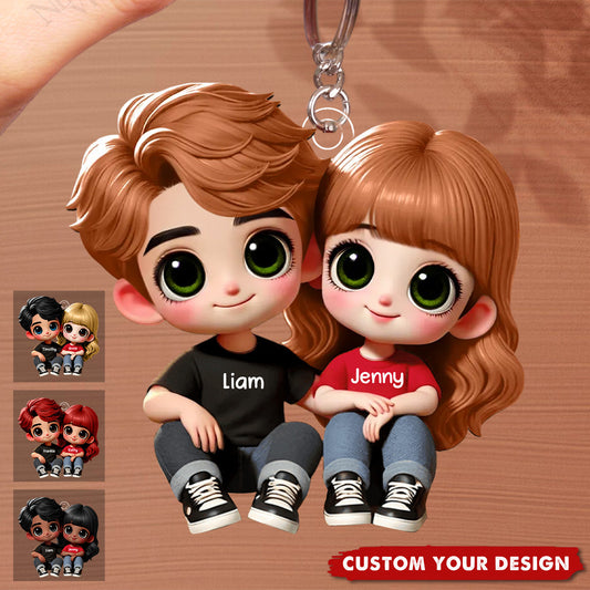 Lovely Cartoon Couple Sitting Personalized Acrylic Keychain