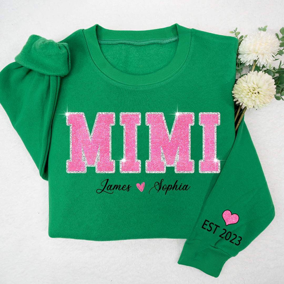 Personalized Mimi Pink Glitter, Custom Grandma Est With Kids TH Sweatshirt