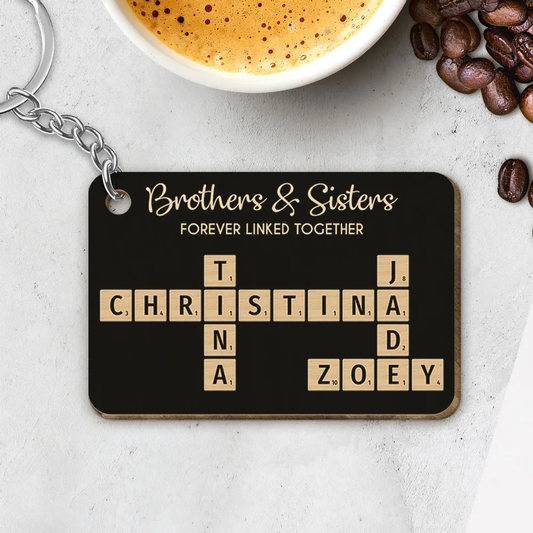 Brothers & Sisters Forever Linked Together Crossword Puzzle Art Personalized Acrylic Keychain, Christmas Gift For Brothers, Sisters, Siblings, Family