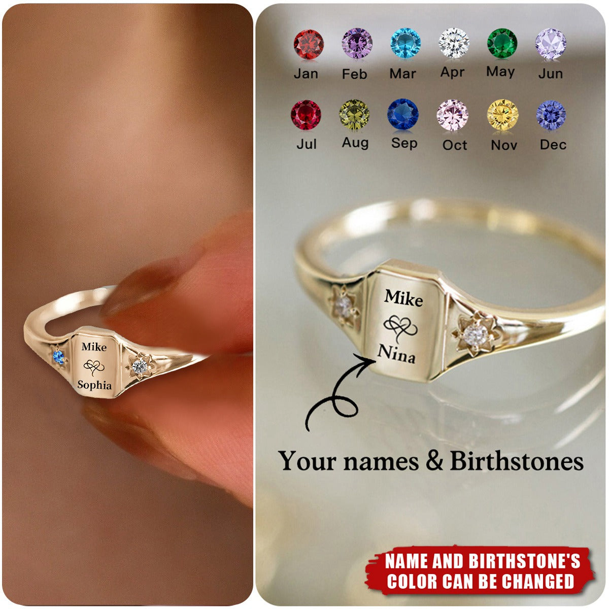 Custom Names and Birthstones Dainty Ring