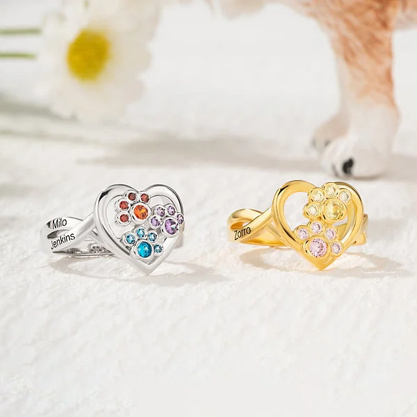 Personalized 1-4 Paw Heart Ring with Engraved Name and Birthstone Gift Birthday for Pet Lover