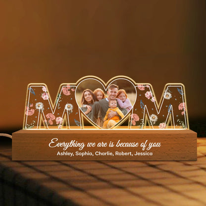 Mom Everything I Am Is Because Of You Birth Month Flower Photo Upload Personalized Led Night Light, Mother's Day Gift