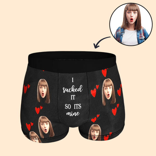 Personalised Face Photo Boxer Brief with Love Hearts I Sucked It So Its Mine Funny Quote Men's Underwear Valentine's Day Birthday Gift for Him