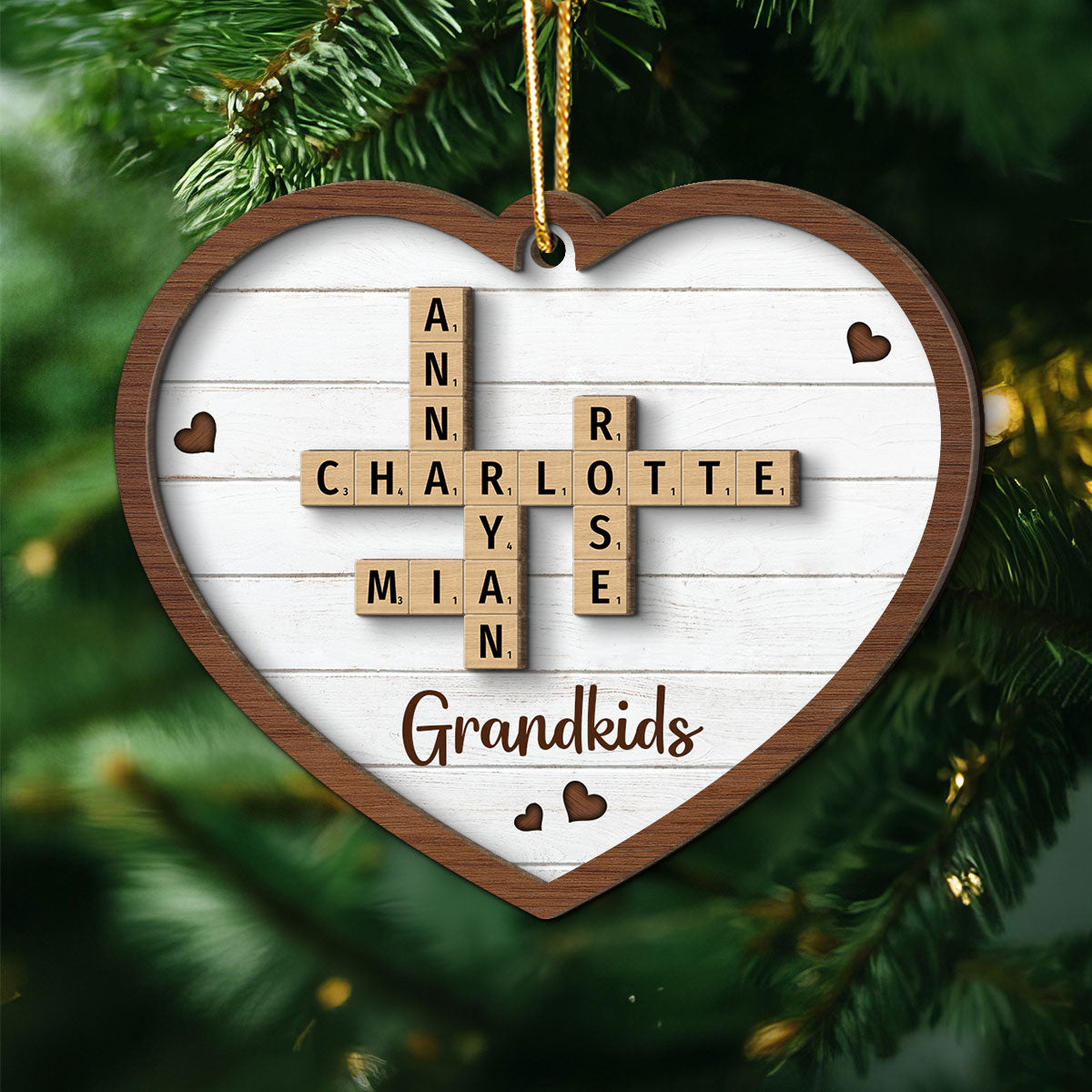 Grandkids Crossword Puzzle Art Personalized Heart Shaped 2-Layer Wooden Ornament, Christmas Gift For Grandma, Gift For Mom