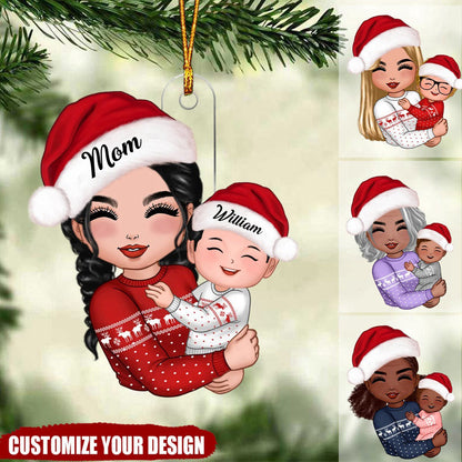 Doll Grandma Mom Hugging Kid Christmas Gift For Granddaughter Grandson Personalized Acrylic Ornament