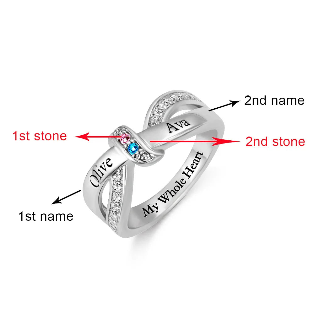 Personalised Ribbon Knot Ring with 1-8 Birthstones and Engraved Names Zircon Family Jewellery Mother's Day Birthday Gift for Mom Grandma