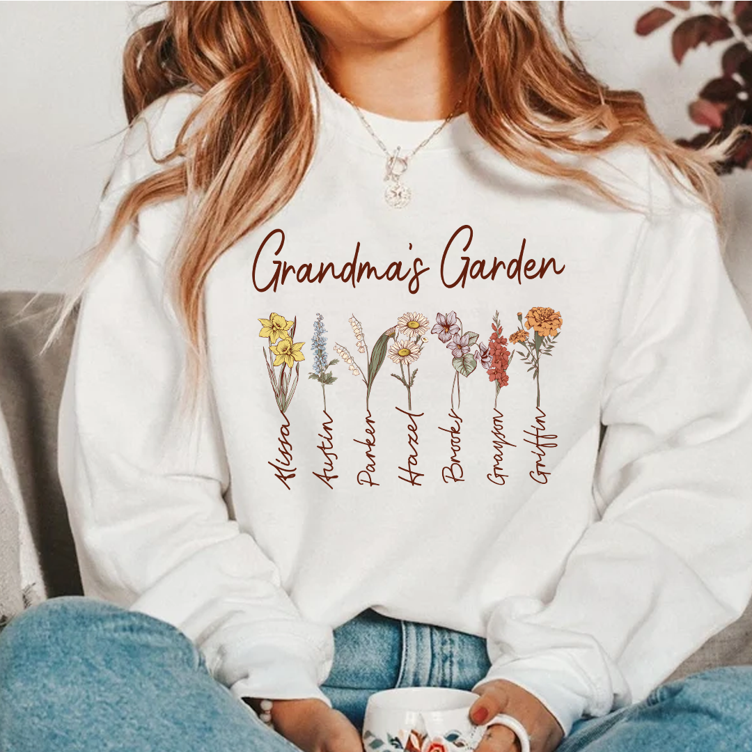 Custom Grandma's Garden Sweatshirt – Personalized Floral Design with Grandkids' Names, Perfect Gift for Grandmothers