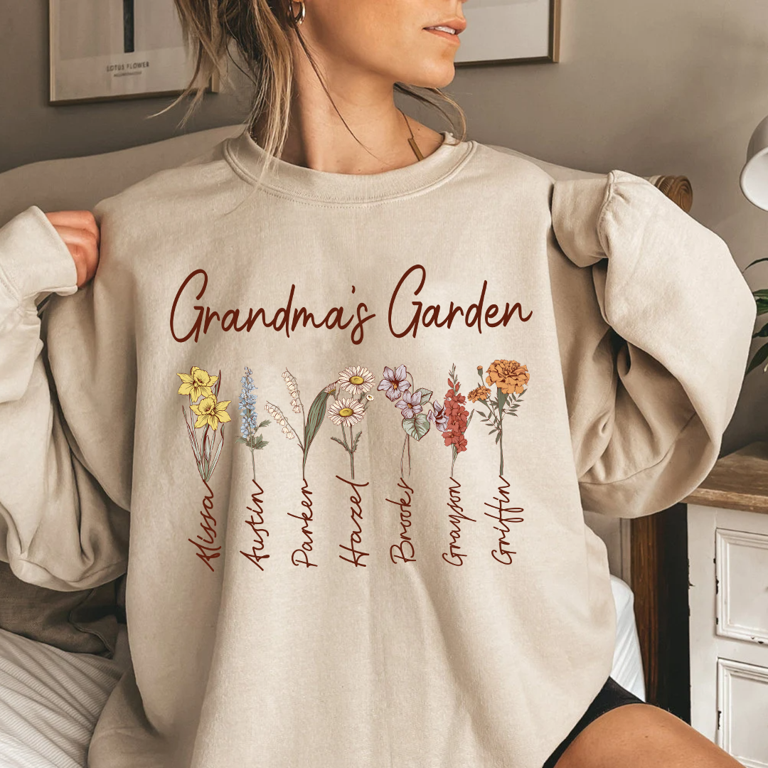 Custom Grandma's Garden Sweatshirt – Personalized Floral Design with Grandkids' Names, Perfect Gift for Grandmothers