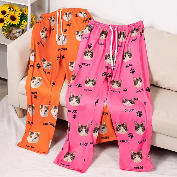 Personalised Dog Cat Face Photo Multicolor Plaid Name Pajama Pants with Drawstring Waist Birthday Christmas Gift for Women Men Pet Lovers