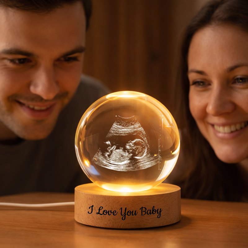 Custom Baby Ultrasound - Personalized Crystal Ball LED Night Light - Engraved Wooden Base, Sentimental Mother's Day Gift for Her