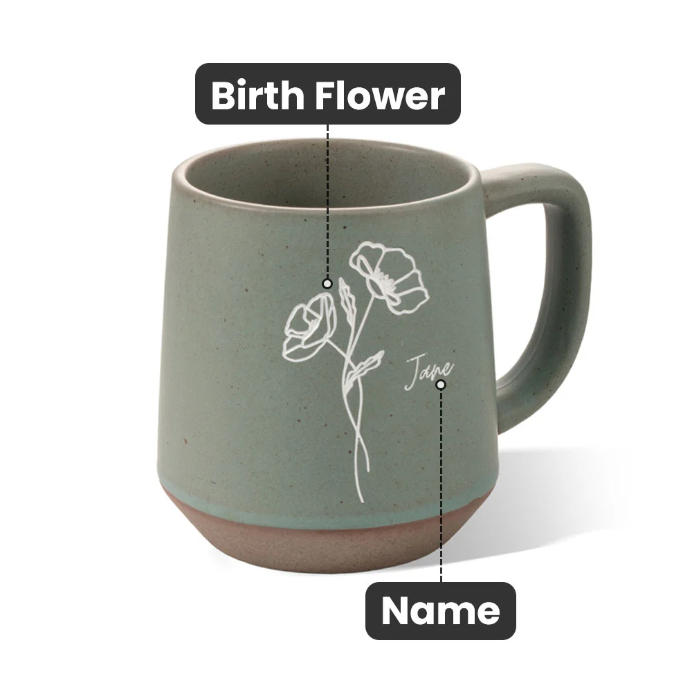 Personalised Birth Flower Retro Handmade Stoneware 12oz Mug with Name Housewarming Birthday Mother's Day Gift for Mom Grandma