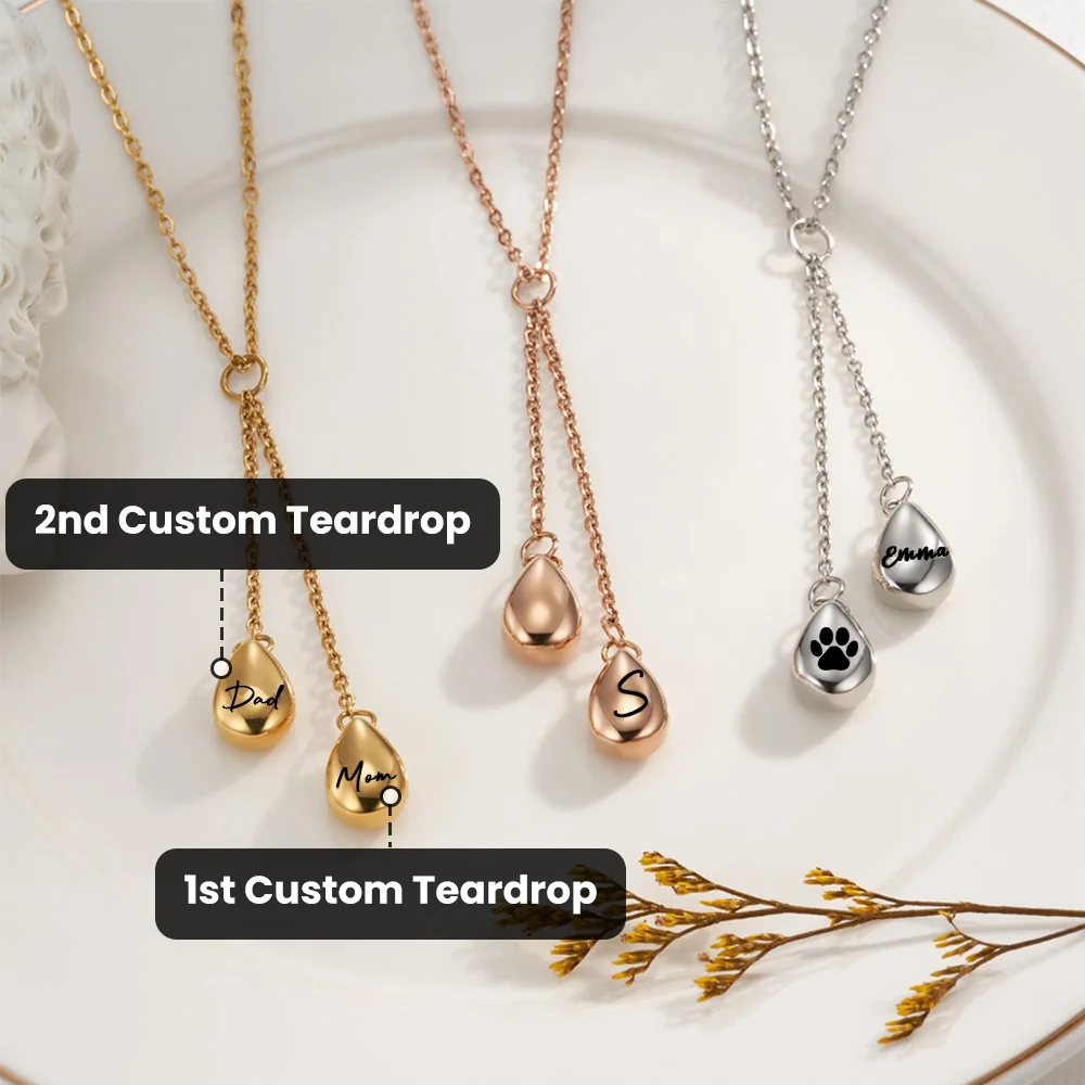 Personalised Double Urn Teardrop Pendant Necklace for Ashes Cremation Jewellery Keepsake Memorial Gift for Women