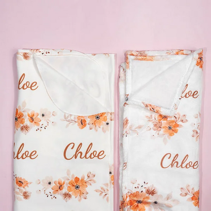 Personalized Cute Peach Floral Name Baby Girl Soft Swaddle Blanket Set with Hat and Headband Baby Shower Coming Home Gift for Newborn