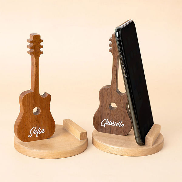 Personalised Retro Guitar Shaped Wooden Phone Table Stand with Engraved Name Desk Decor Birthday Gift for Guitar Lovers