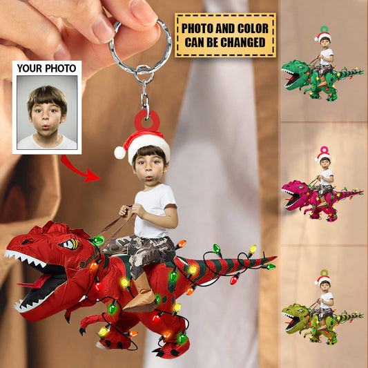 Personalized Cute Kid Rides The Dinosaurus Christmas Light Keychain