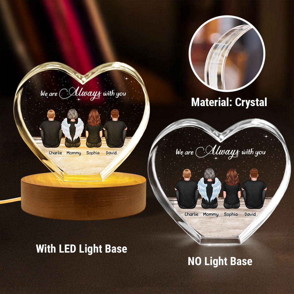 Always With You Sky Family Members, Memorial Personalized Premium Crystal Heart LED, Sympathy Gift