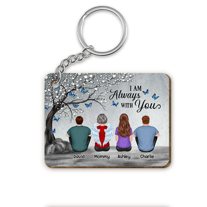 Blossom Tree Always With You Family Grandma Grandpa Dad Mom Kids Dogs Cats Sitting Memorial Personalized Wooden Keychain