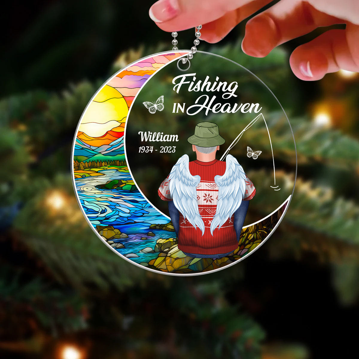 Fishing In Heaven Stained Glass Moon Memorial Keepsake Personalized Acrylic Ornament