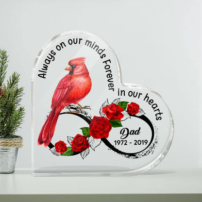 Cardinal Rose Always On My Mind Memorial Personalized Heart Plaque