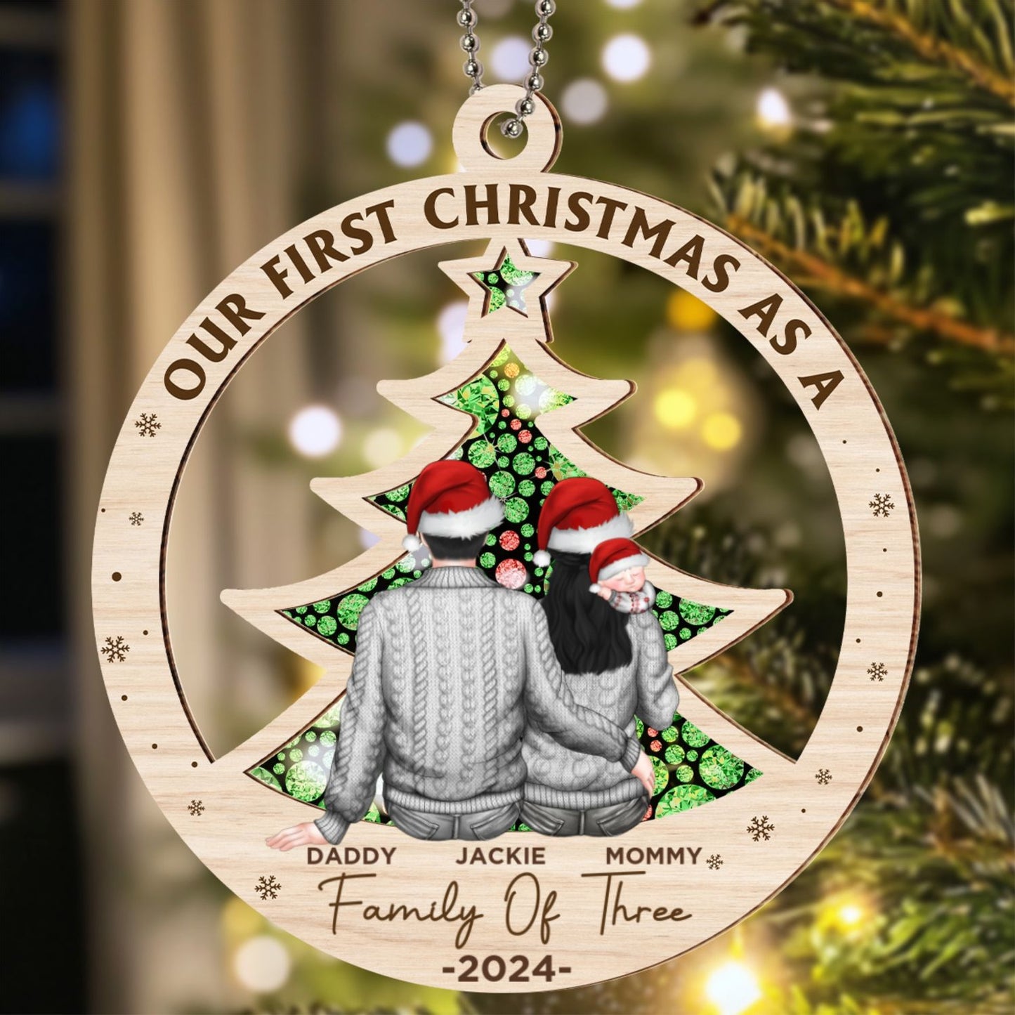 First Christmas As A Family Of Three New Parents - Personalized Custom Suncatcher Ornament