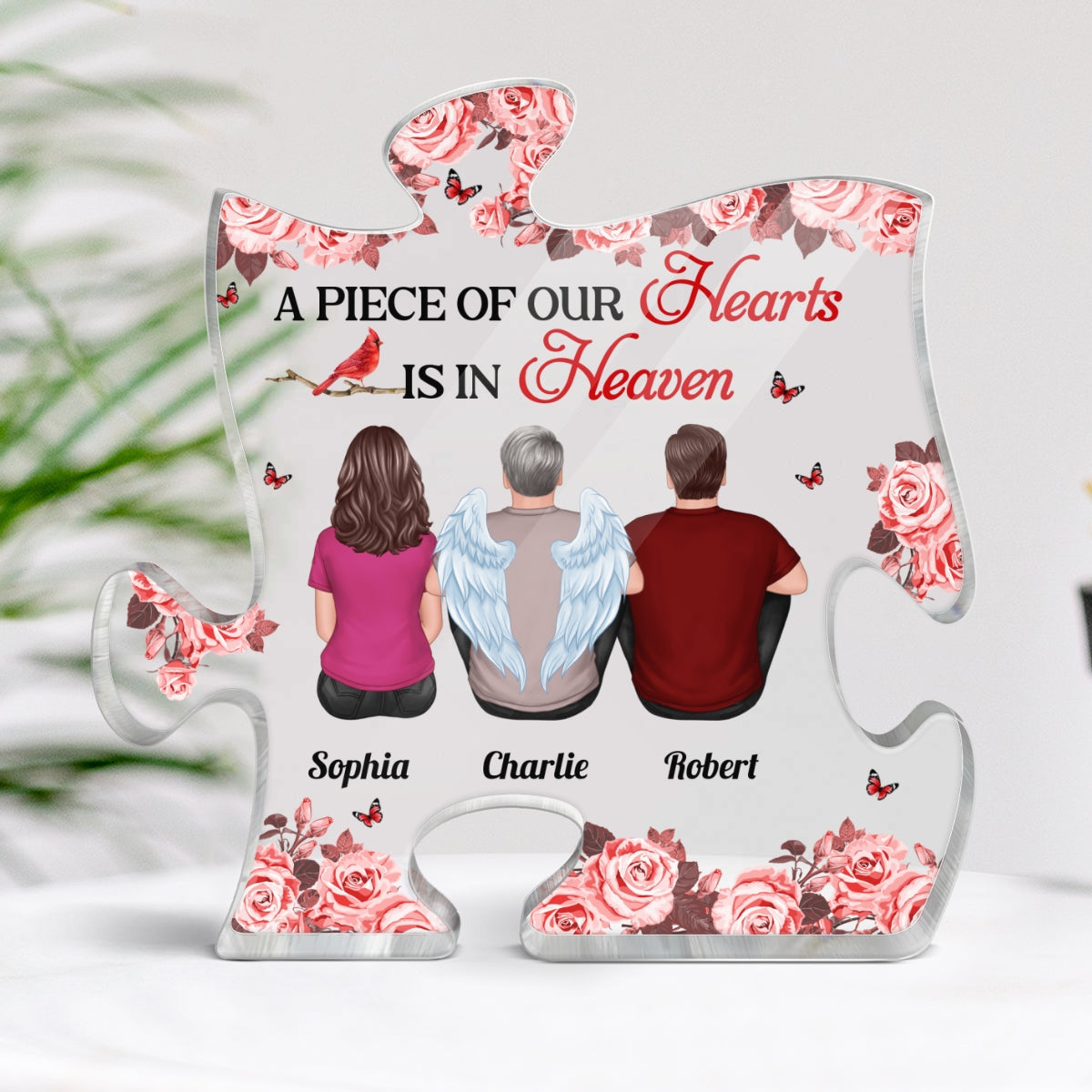 Roses Cardinal A Big Piece Of My Heart In Heaven Family Memorial Remembrance Gift Personalized Puzzle Acrylic Plaque