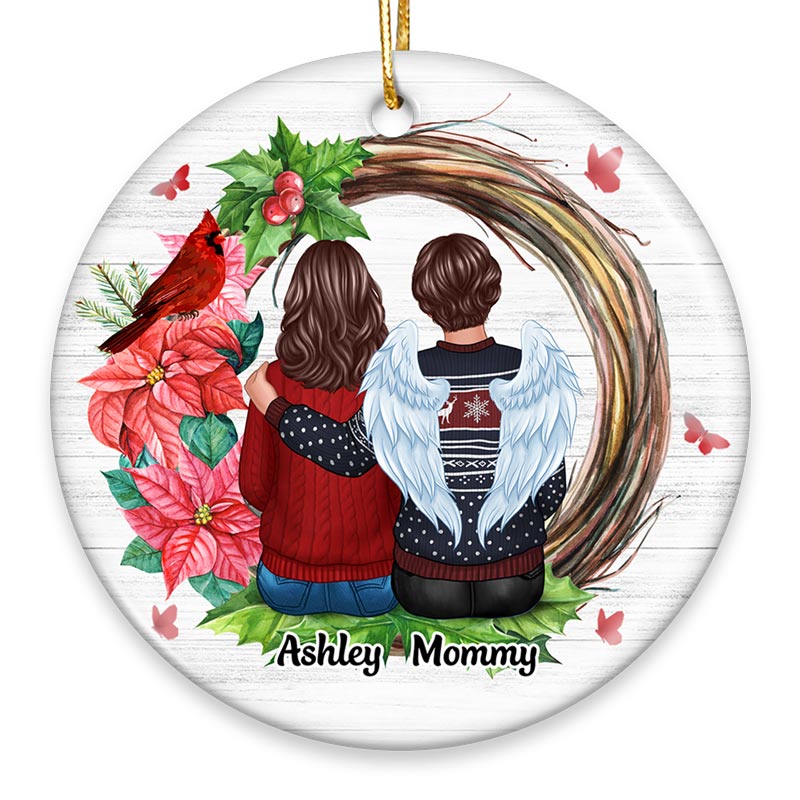 Family Sitting Memorial Cardinal Wreath Personalized Circle Ornament
