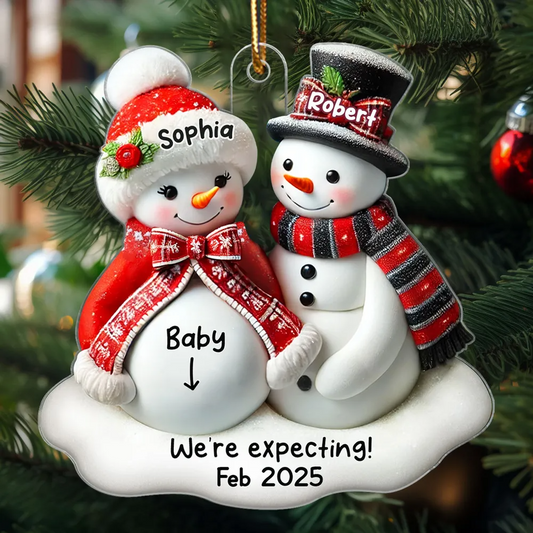 Snowman Couple Expecting Parents Pregnancy Announcement 3D Effect Keepsake Personalized Acrylic Ornament