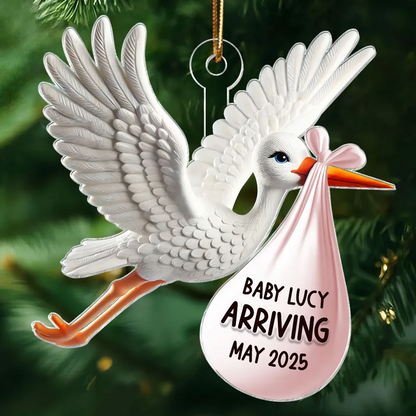 Stork Carrying Baby Bundle New Baby Arriving 3D Effect Personalized Acrylic Flat Ornament