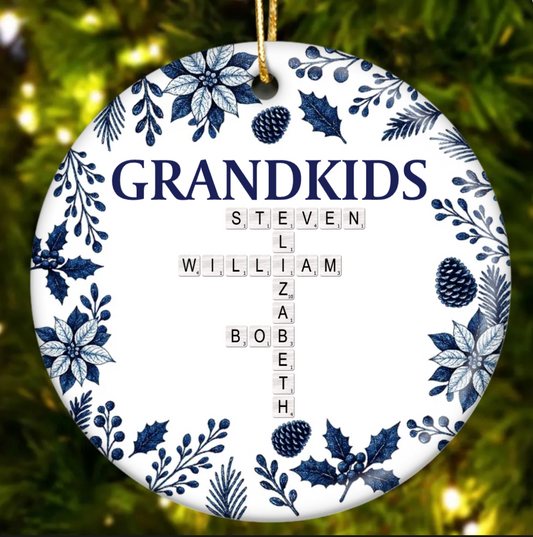 3D Effect Timeless Vintage Toile De Jouy Grandkids Crossword - Personalized Acrylic Ornament - Gift For Grandparents