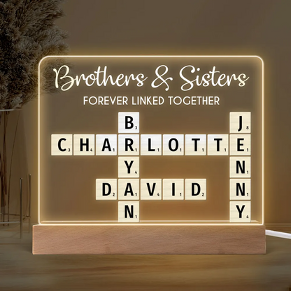 Brothers & Sisters Forever Linked Together Crossword Puzzle Art Personalized Acrylic Warm LED Night Light, Christmas Gift For Brothers, Sisters, Siblings, Family