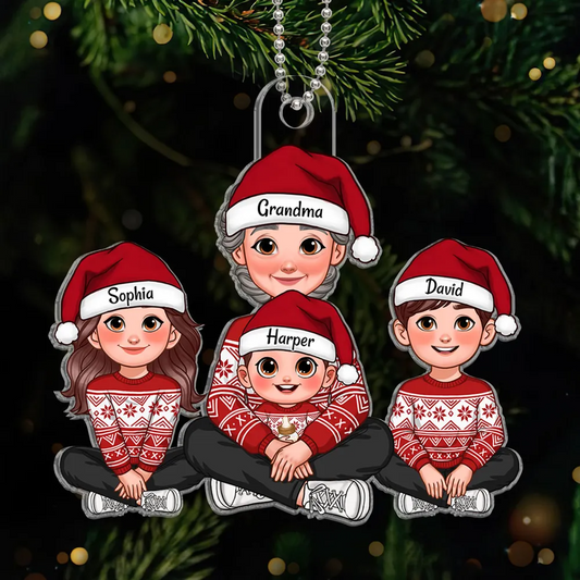 Animated Grandma Grandkids Sitting Christmas Personalized Acrylic Ornament