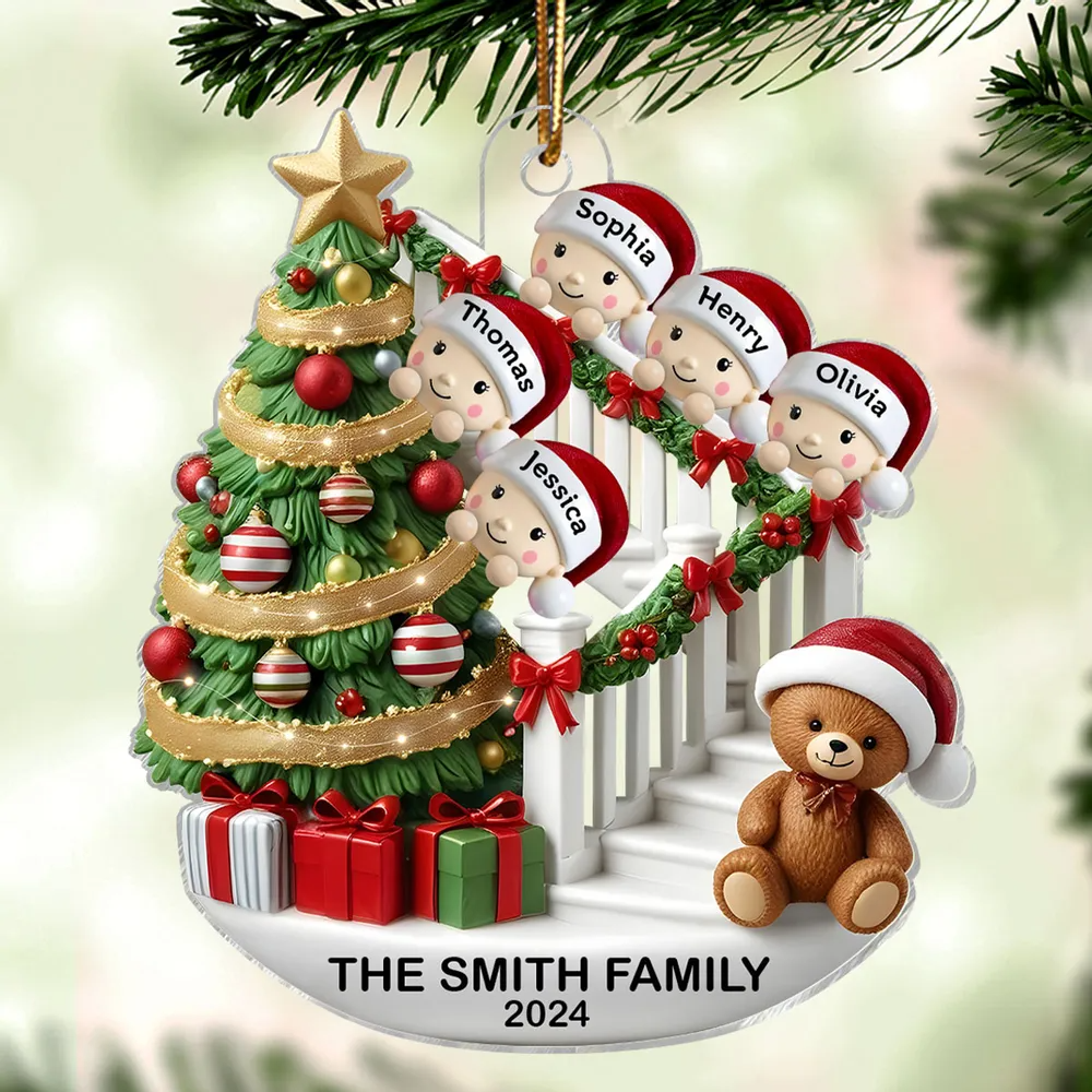 Family Members On Christmas Stairs 3D Effect Personalized Acrylic Flat Ornament