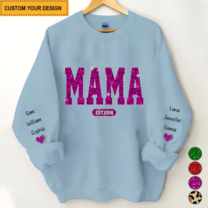 Red Glitter Mimi Mom Est Year Custom Kid Name On Sleeve Personalized Sweatshirt