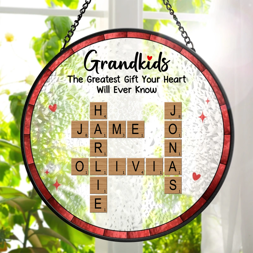 Crossword Grandkids Make Life More Grand - Personalized Stained Glass Window Hanging Suncatcher