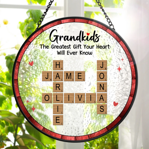Crossword Grandkids Make Life More Grand - Personalized Stained Glass Window Hanging Suncatcher