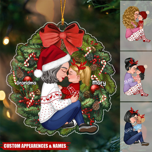 Grandma Mom Hugging Kid Sitting On Christmas Wreath Personalized Acrylic Ornament