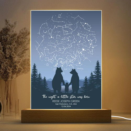 Bear Family Night Sky Constellation Print Personalized Acrylic Plaque With LED, Perfect Home Decor Newborn First Birthday Gift For Newborn, Gift For New Parents