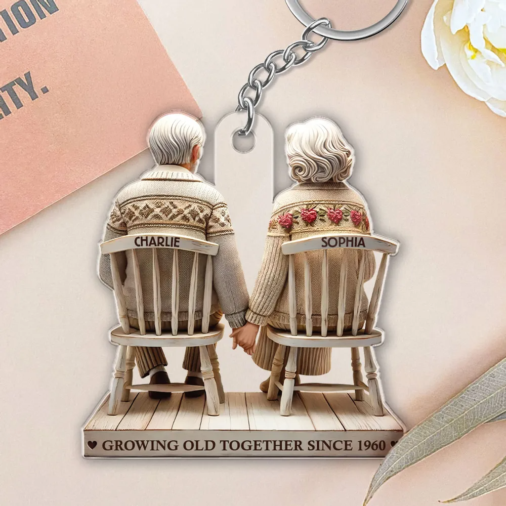 3D Effect Old Couple Holding Hands Sitting Together Personalized Keychain, Heartfelt Gift For Couple, For Him, For Her, Husband, Wife