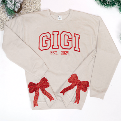 Custom Embroidered Christmas Bow Embellished Sweatshirt – Custom Side Bow Cut-Out Sweatshirt